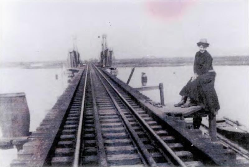This photograph of the bridge over Coyote Creek was taken around 1903. Notice the double set of rails. These were installed as a safety measure in case the train derailed while crossing the creek. This bridge has since been removed and replaced by a trestle. The young lady in the picture in Ann Byrnes.