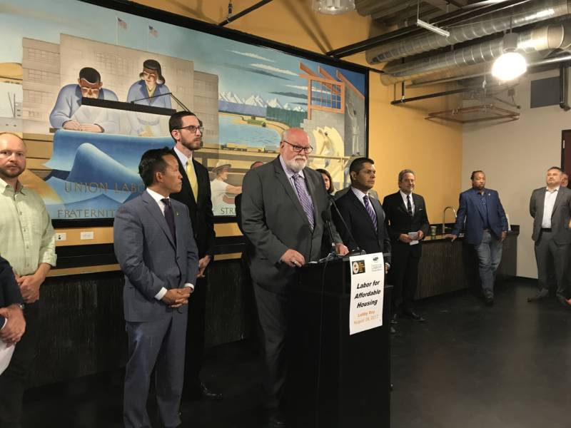 State Senator Jim Beall, D-San Jose, and other Democratic lawmakers make pitch for housing legislation at the State Building and Construction Trades Council in Sacramento, on Monday, August 29.
