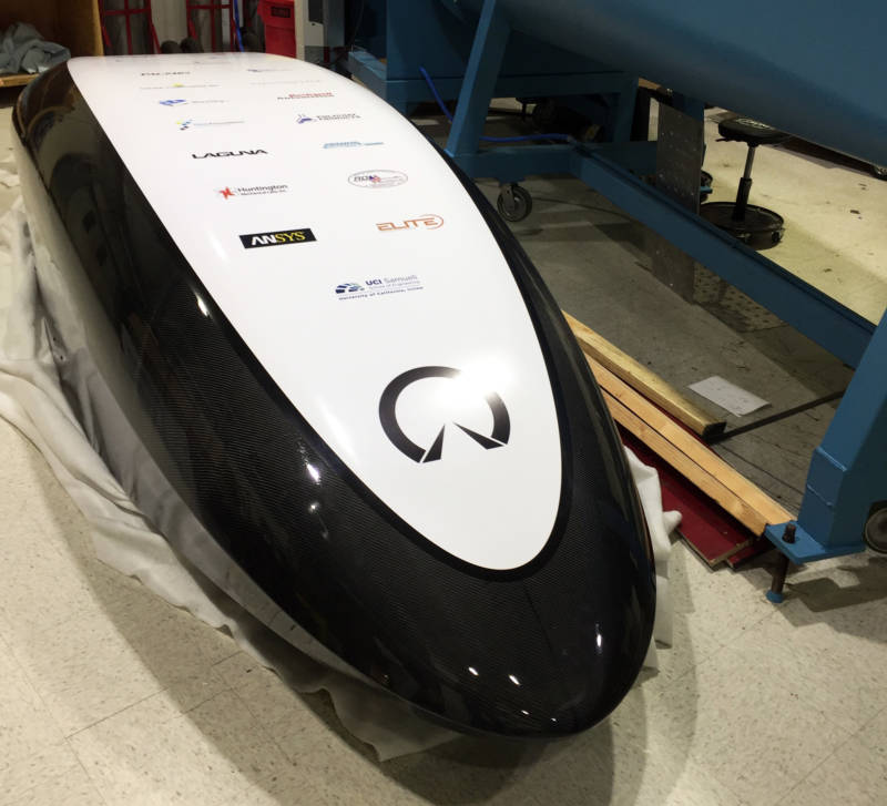 The Hyperloop pod designed by UC Irvine engineering students. They call their project HyperXite, and took 5th place in the world at the first Hyperloop competition in January.