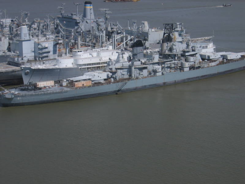 The Suisun Bay Reserve Fleet in 2005, when there were more than 70 ships anchored there, including the legendary WWII battleship Iowa (foreground), now a floating museum in San Pedro.