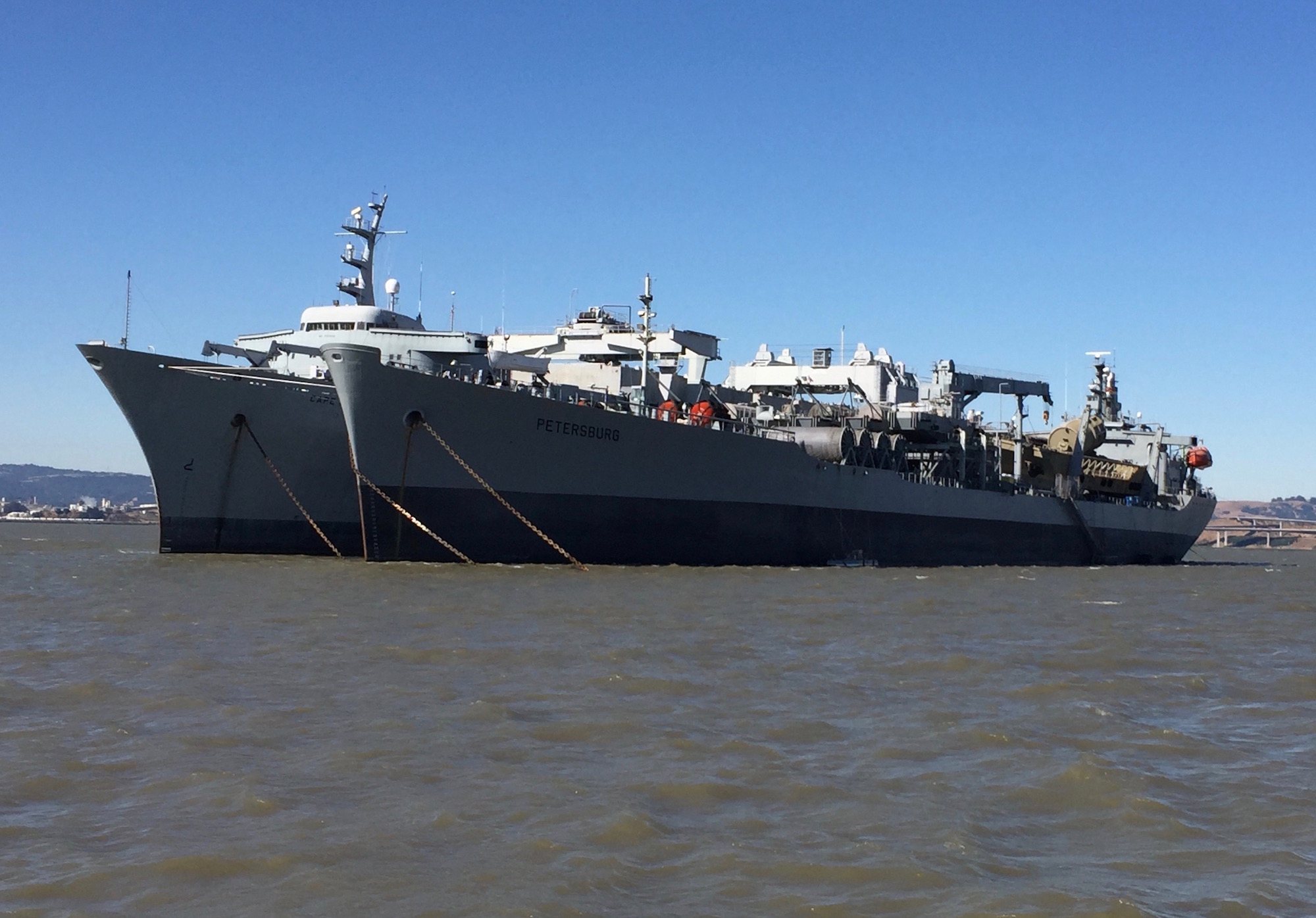 The Petersburg (foreground) is the newest addition to the Suisun Bay Reserve Fleet. The Navy tanker is part of the "Ready Reserve," meaning it can deploy quickly if needed.
