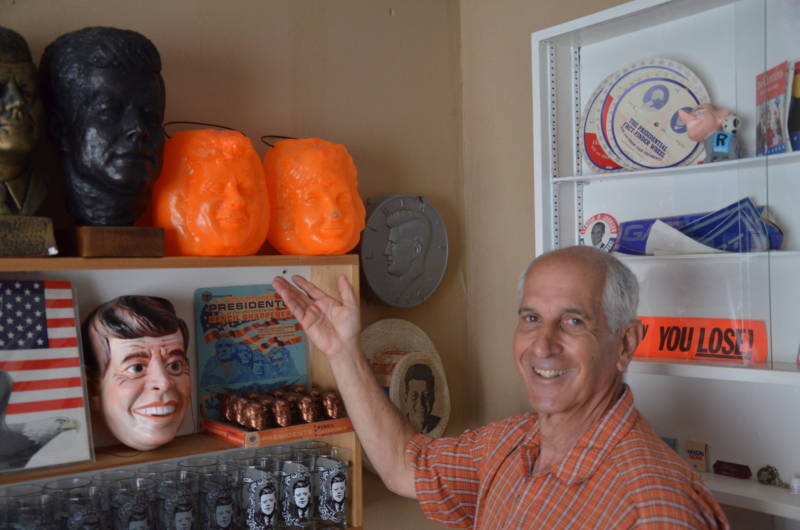 Alan Rosenzweig poses with one of his favorite pieces of John F. Kennedy memorabilia: Jack and Jackie O' Lanterns.