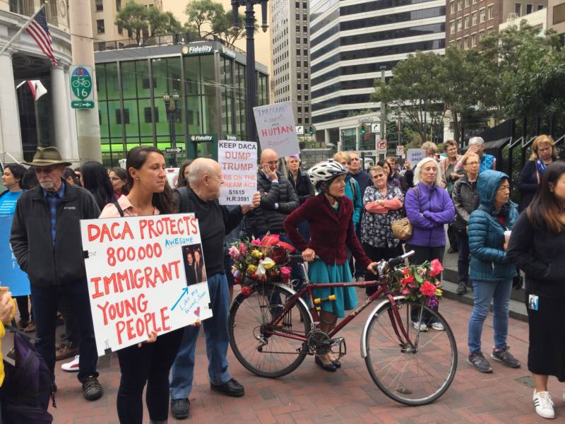 Scores of people gathered at McKesson Plaza in San Francisco's Financial District on Tuesday, August 15, 2017, to mark the fifth anniversary of the implementation of Deferred Action for Childhood Arrivals or DACA.