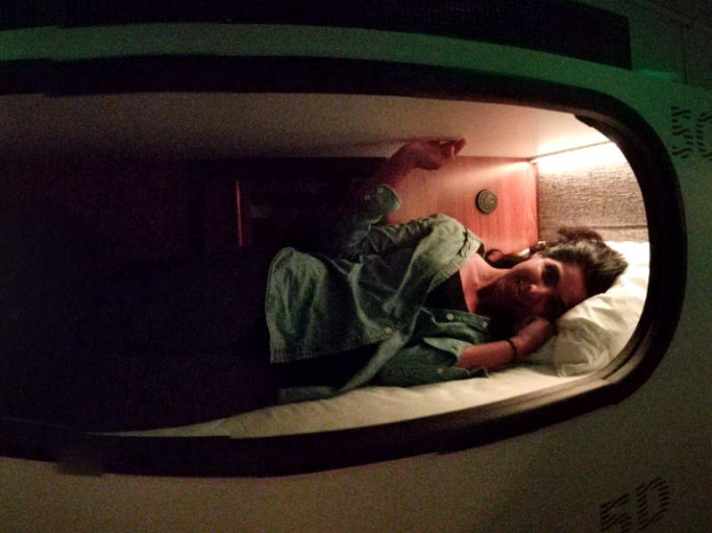 NPR's Aarti Shahani tries one of the sleeping pods aboard a Cabin bus traveling from Santa Monica to San Francisco.