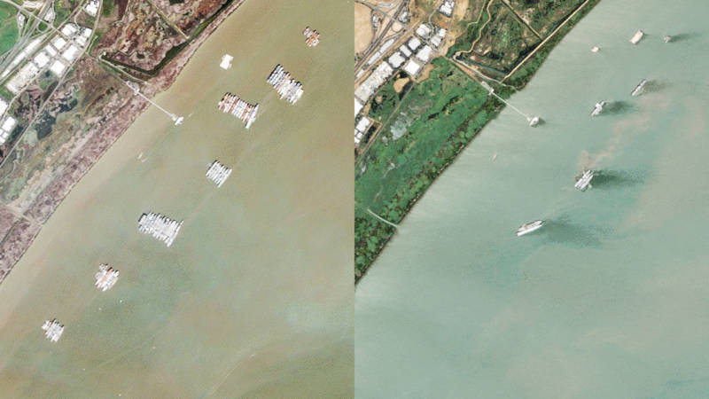 A satellite view of the fleet in 2009 (left) and 2017.