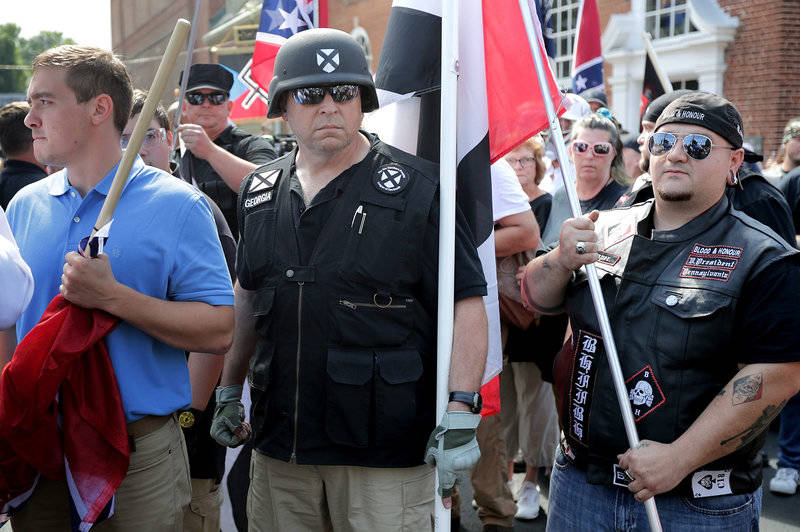 Hundreds of white nationalists, neo-Nazis and members of the "alt-right" march toward Emancipation Park during the "Unite the Right" rally on Aug. 12 in Charlottesville, Va.