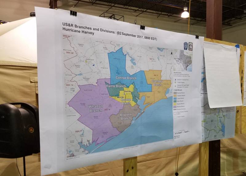 A map at the FEMA command post in College Station, Texas, shows the operational area affected by Hurricane Harvey.
