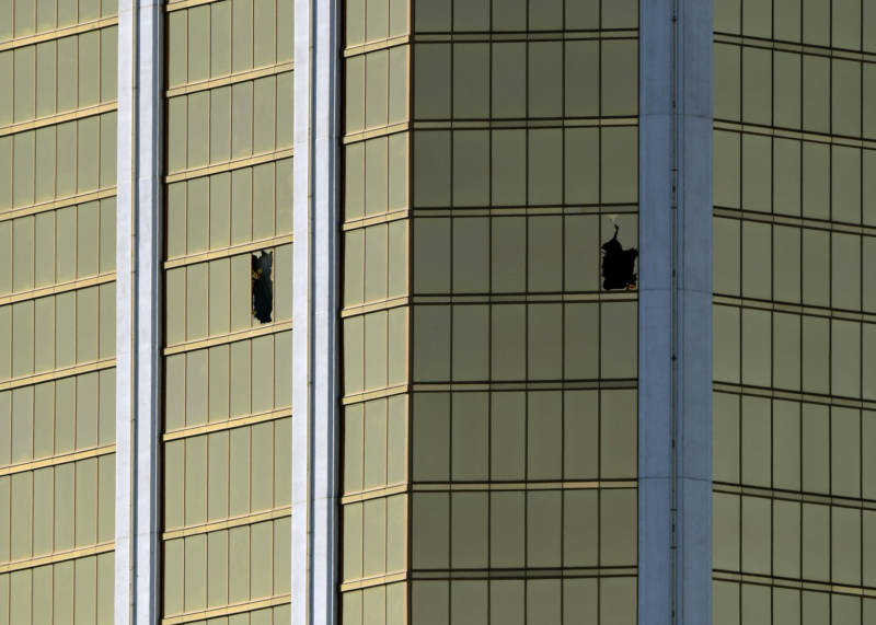 A smashed window on the 32nd floor of the Mandalay Bay hotel in Las Vegas marks the point from which Stephen Paddock slaughtered at least 58 people attending a country music festival on Sunday night.
