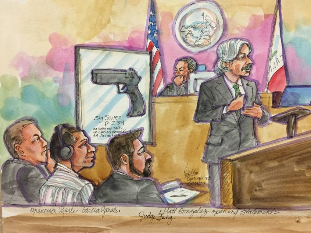 A courtroom painting depicting defense attorney Matt Gonzalez's opening statement in the Kathryn Steinle murder trial at the San Francisco Hall of Justice on October 23, 2017.