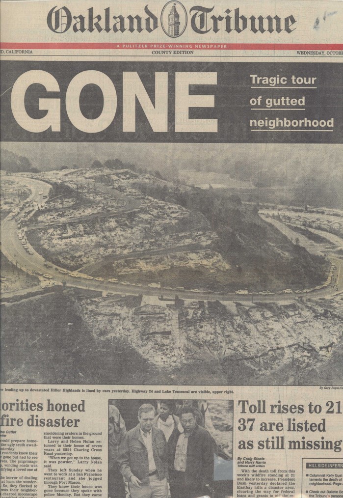 The Oakland Tribune's cover showing the aftermath of the Oakland Hills Fire. 
