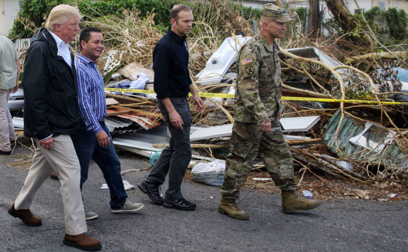 President Donald Trump visits Puerto Rico in the aftermath of Hurricane Maria on October 3, 2017.