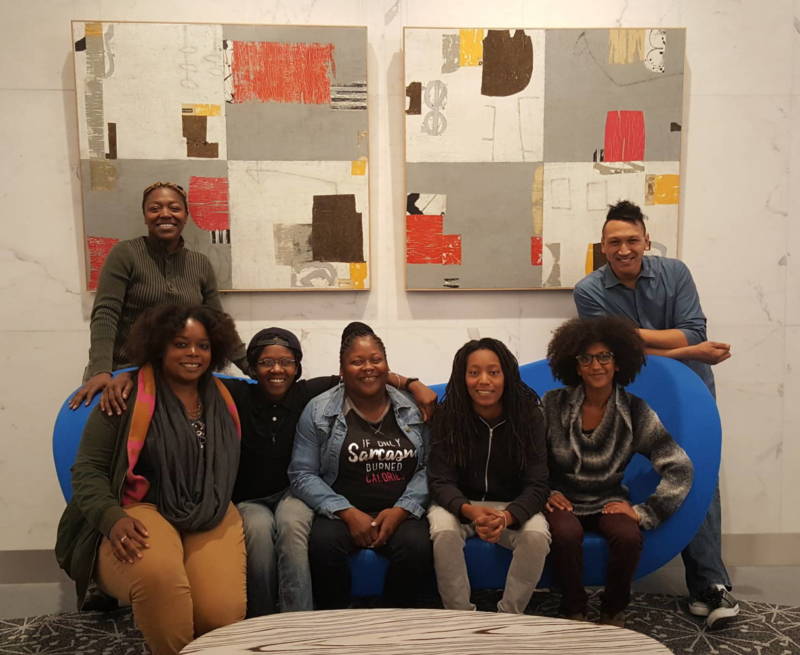 The Hood Incubator is an Oakland non-profit that trains people of color to enter the legal weed industry. The staff consists of Sumaria Love, Juell Stewart, Ebele Ifedigbo, Linda Grant, Lanese Martin, Biseat Horning, and Phillip Howard Jr. (left to right).