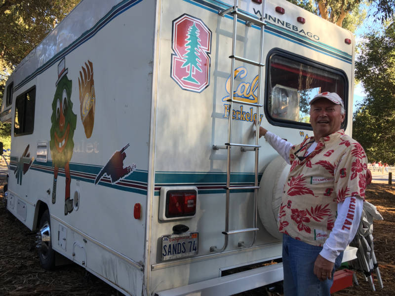 Dean Sands, from Placerville, has been attending the Big Game for over 40 years. He got custom decorations for his camper to reflect his "divided" home. 