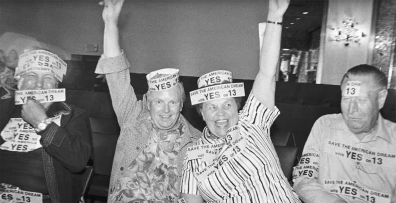 Proposition 13 backers celebrate the measure's passage in 1978.