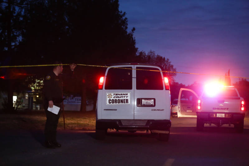 A Tehama County Coroner's van enters the Rancho Tehama Elementary school grounds after a shooting on November 14, 2017, in Rancho Tehama.