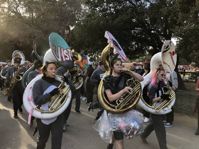 Members of the Stanford band parade through campus before the Big Game against Cal on Nov. 18, 2017.
