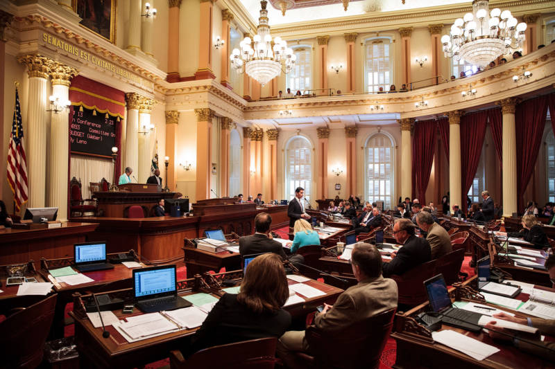 California state senators weigh a new state budget in June, 2015.