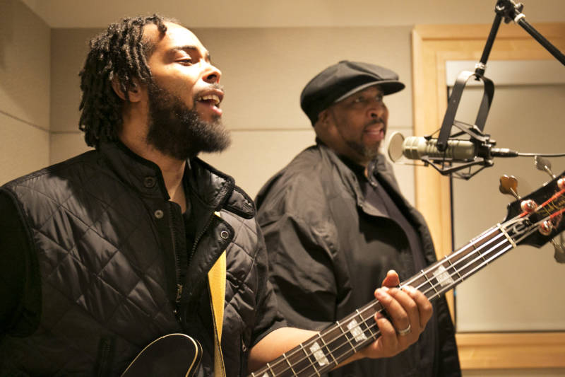 Quantae Johnson and his uncle, Dwayne Morgan, of the Sons of the Soul Revivers, perform in KQED's studios on Nov. 21, 2017.