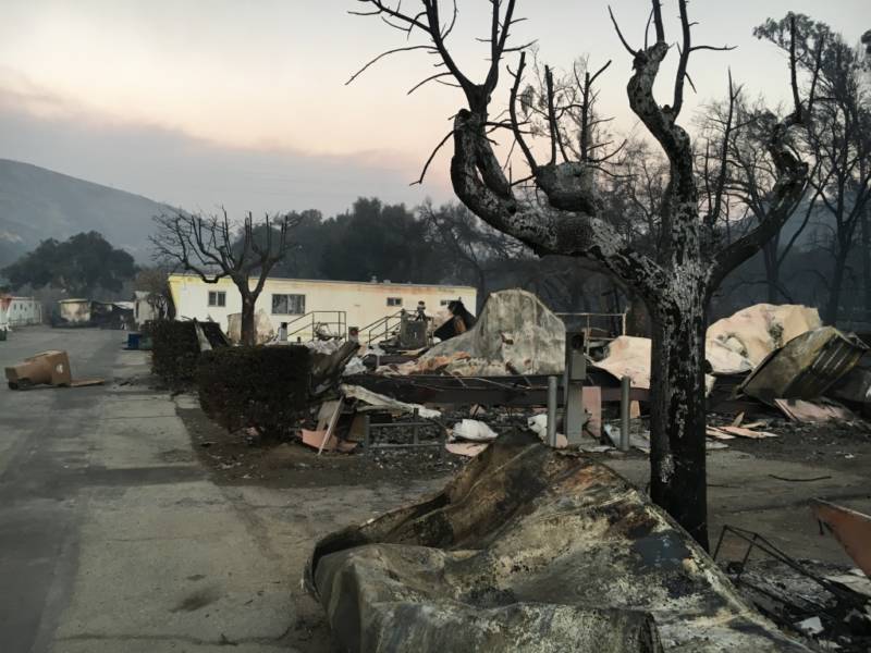 Several of the ten mobile home trailers that burned in the Thomas Fire in the Santa Paula area are seen early Wednesday, Dec. 6, 2017.