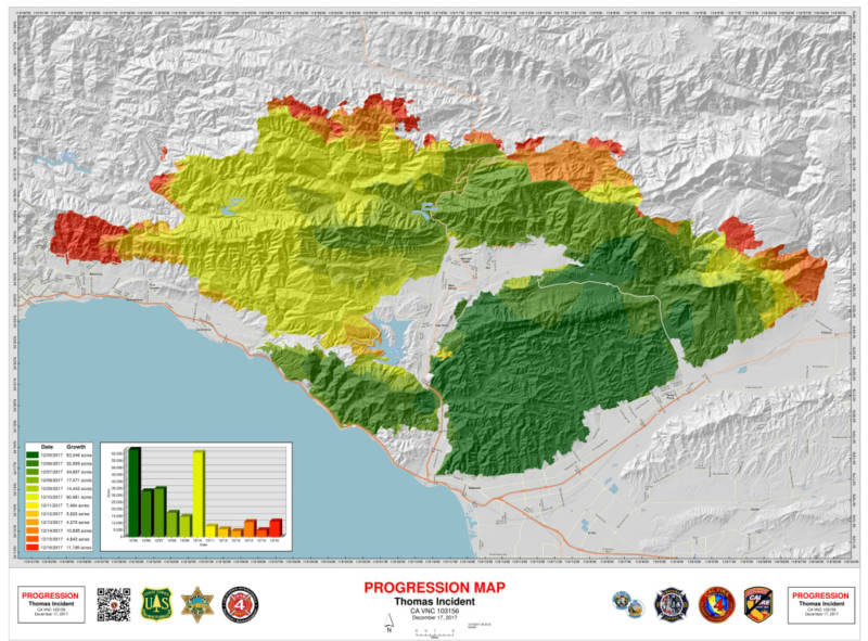 A map of the Thomas Fire's progression as of early Sunday, Dec. 17, 2017.
