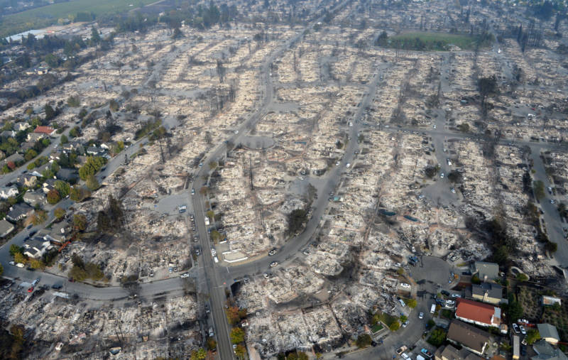 An aerial view shows the devastation of the Coffey Park neighborhood after the Tubbs Fire swept through Santa Rosa.