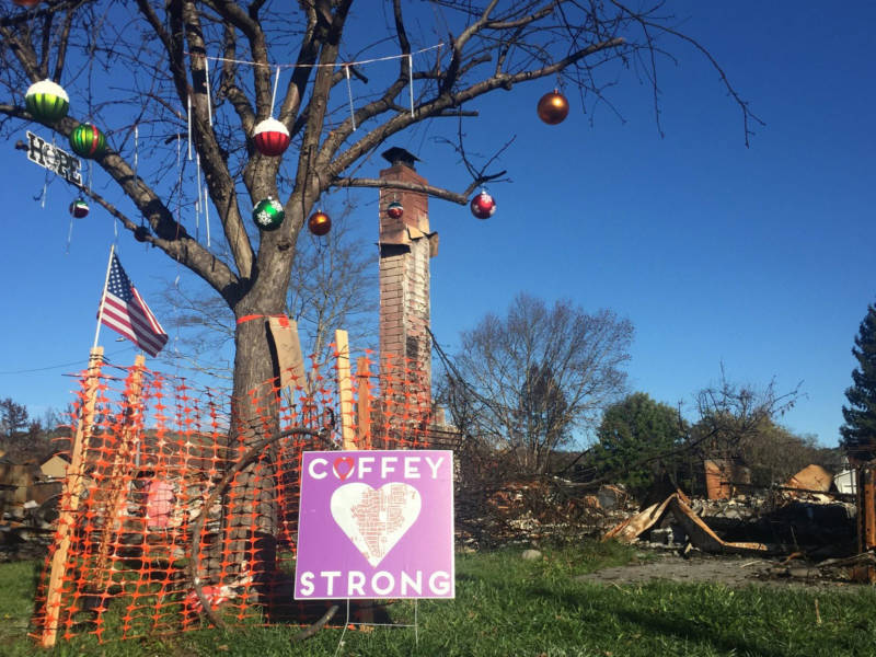 The Howe family and neighbors returned to their old neighborhood to put Christmas decorations on one of the few trees left standing after the fire.