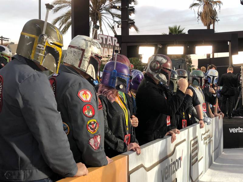 Members of the Mandalorian Mercs pose for photographers in their custom-made helmets. A handful of members from the Bay Area chapter of the group -- called the Wolves of Mandalore -- attended the event.