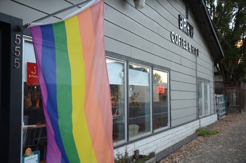 A rainbow gay pride flag hangs outside Brew in Santa Rosa. Brew's owners put the flag out after the Supreme Court ruled gay marriage legal across the country, and the cafe has since become a hub for Santa Rosa's growing queer community.