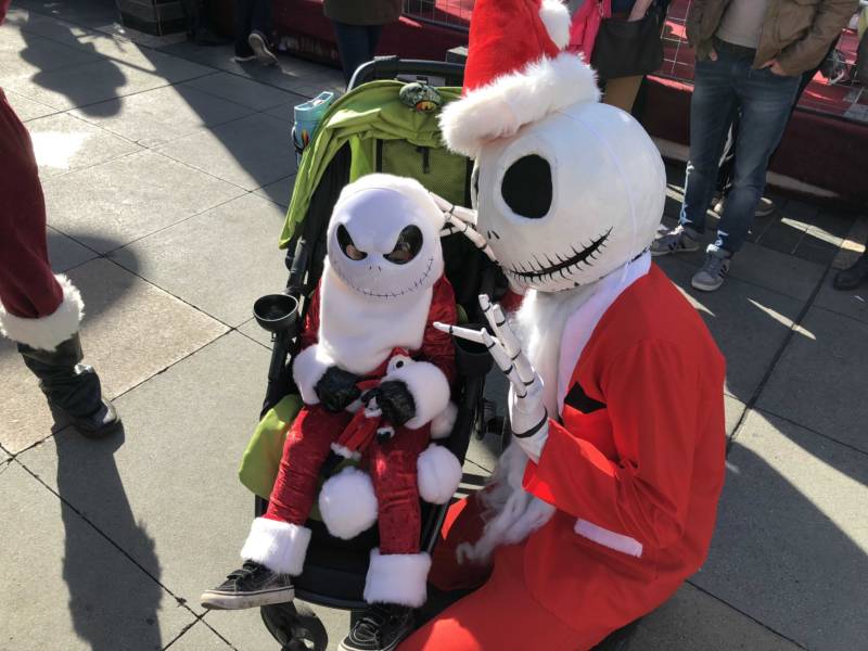 Three-year-old Ocean Connelly meets a fellow fan of the film, "Nightmare Before Christmas" at SantaCon 2017 in San Francisco. Connelly's mom says he loves his Jack Skellington outfit and even wore it on Thanksgiving Day in 90 degree heat at Disneyland.
