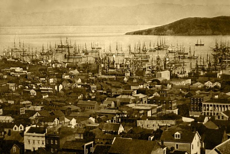 Wooden ships in Yerba Buena Cove during the Gold Rush