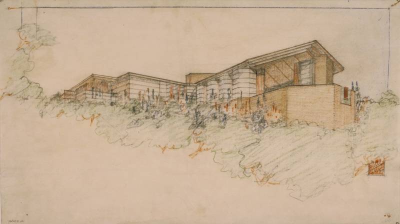 The Bazett House in Hillsborough, drawing by Wright, 1939. This was one of the few Wright commissions that got built in the San Francisco Bay Area.
