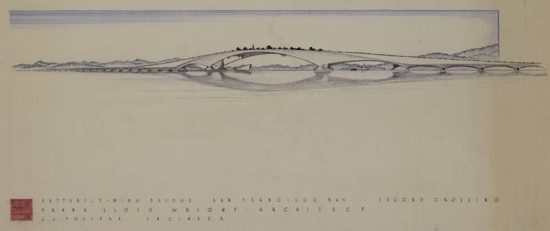 Frank Lloyd Wright's proposed "Butterfly Bridge." It would have stretched between San Francisco and Oakland, somewhere south of the Bay Bridge.