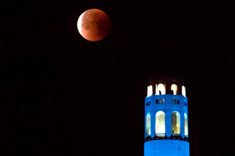 The super blue blood moon hangs over San Francisco's Coit Tower before dawn on Jan. 31, 2018.