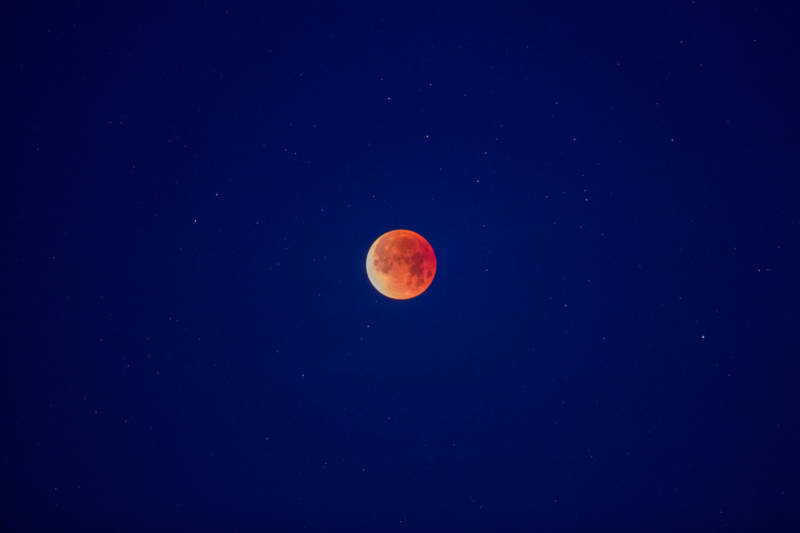 The super blue blood moon hangs in total eclipse above the Mojave Desert on Jan. 31, 2018 near Amboy.