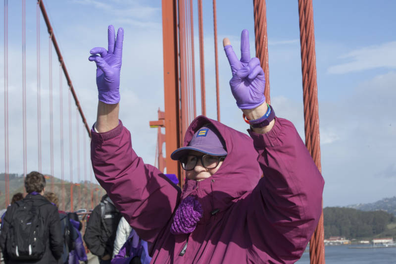 Protestors gathered across the Golden Gate Bridge at about 10 am on Jan. 20, 2017. The participants linked hands while cheering and wearing purple. Their demonstration acted as a message against President Donald Trump on the day of his inauguration. 