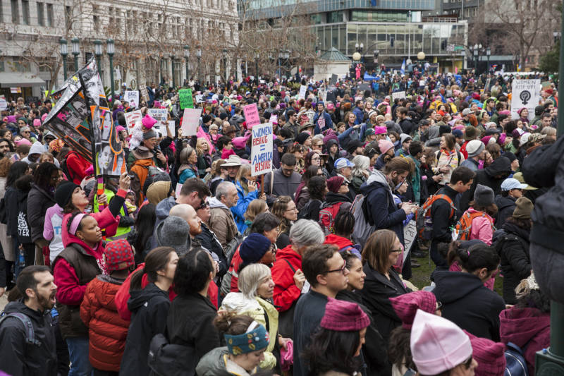 Thousands of people crowded Frank Ogawa Plaza in Oakland during the Women’s March rally on Saturday, Jan. 21, 2017.
