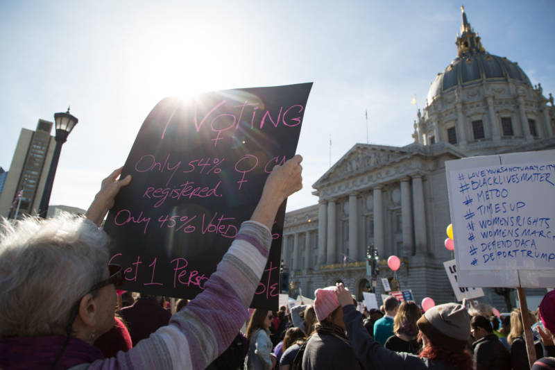 Registering women to vote and encouraging them to vote and run for office was a major theme at the 2018 Women's March in San Francisco.