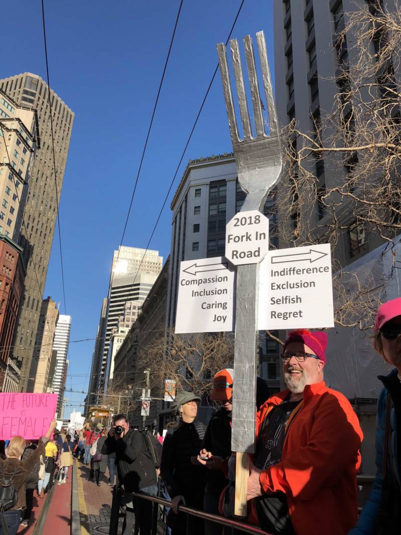 This sign was a crowd favorite as many marchers going down Market Street as part of the San Francisco Women's March pulled over to take a picture or compliment its creator.