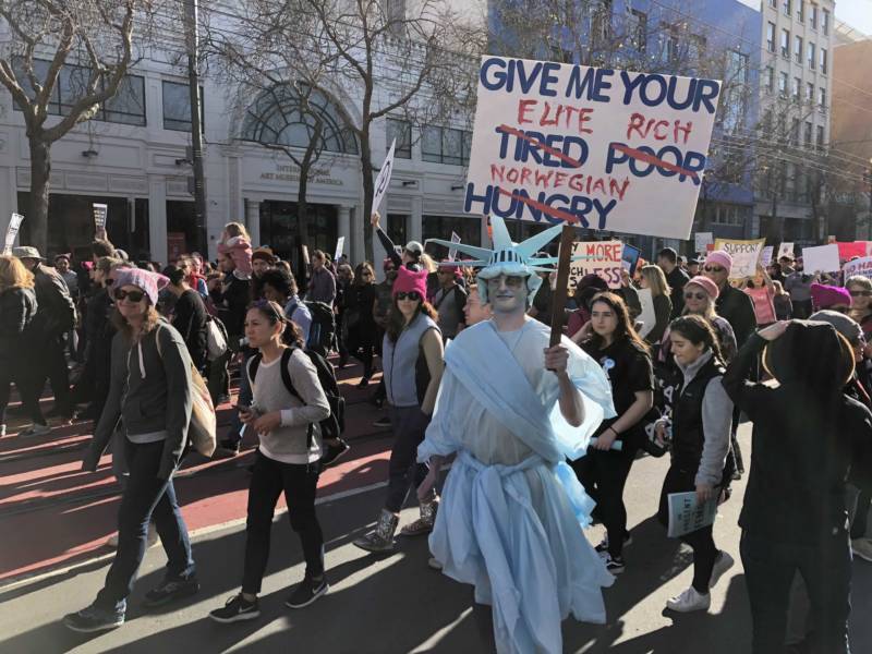 Daniel Johnson of San Francisco says he dressed as the Statue of Liberty for the Women's March in San Francisco because, "It's a pretty sad time for the Statue of Liberty," specifically mentioning Dreamers and recipients of Temporary Protected Status.