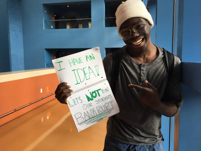 UC Santa Cruz student Ayo Banjo drove in the night before Wednesday's meeting so he could tell UC Regents what the tuition increase would mean for him.