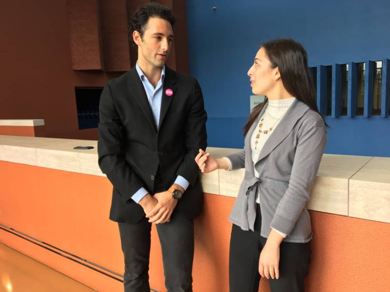 UC Student Association President Judith Gutierrez (R) with UC Berkeley student Max Lubin, who heads up the free tuition advocacy group RISE. The two organizations worked together to advocate against the tuition increase.