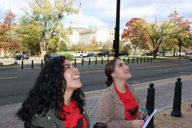 Leydy Rangel, 22, and Eloisa Torres, 18, undocumented DACA recipients from Bakersfield, work up enthusiasm before trying to speak to House members in Washington, D.C. about a proposal to let them earn permanent legal status. 