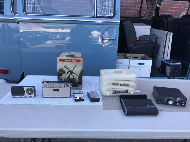 Old radios and transmitters sit on a table at the vintage radio swap meet at the California Historical Radio Society in Alameda on February 3, 2018.