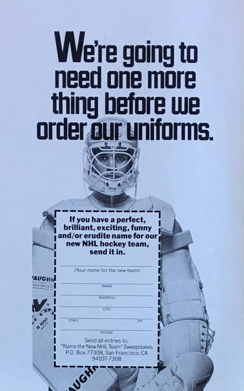 This ad ran in the San Francisco Chronicle, Oakland Tribune and San Jose Mercury News as part of the name the team sweepstakes.