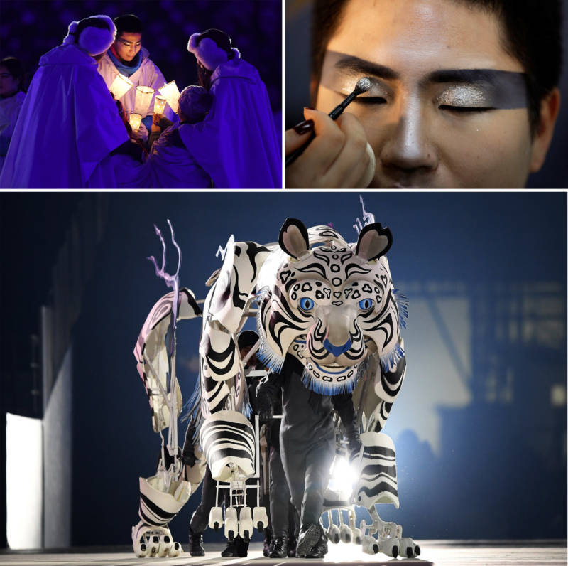 Top: Performers with candles; a makeup artist applies glitter to a performer backstage. Bottom: Dancers perform inside a tiger.
