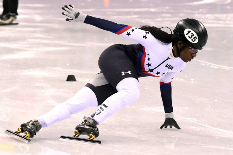 U.S. speedskater Maame Biney, 18, competes in the 500-meter quarterfinal on Tuesday.
