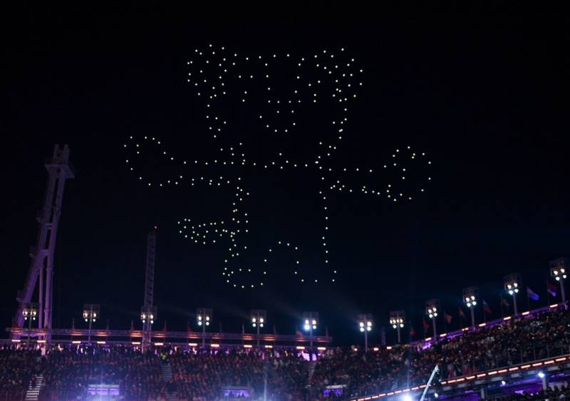 Drones light up the sky in the shape of Soohorang, the white tiger Pyeongchang Winter Olympic Games mascot.