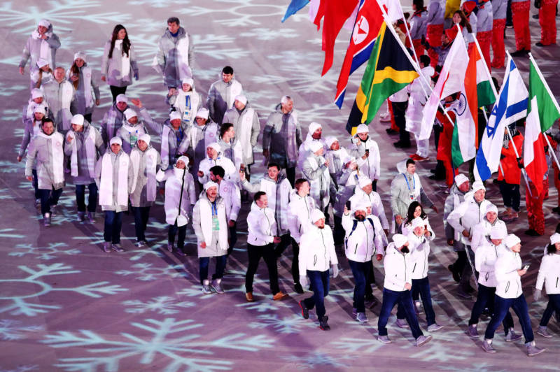 Members of Olympic Athletes from Russia walk in the Parade of Athletes during the closing ceremony.