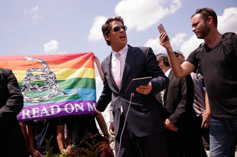 Milo Yiannopoulosholds a press conference in June near the scene of the Pulse Nightclub in Orlando, Florida, where a gunman killed 49 people and wounded 53.