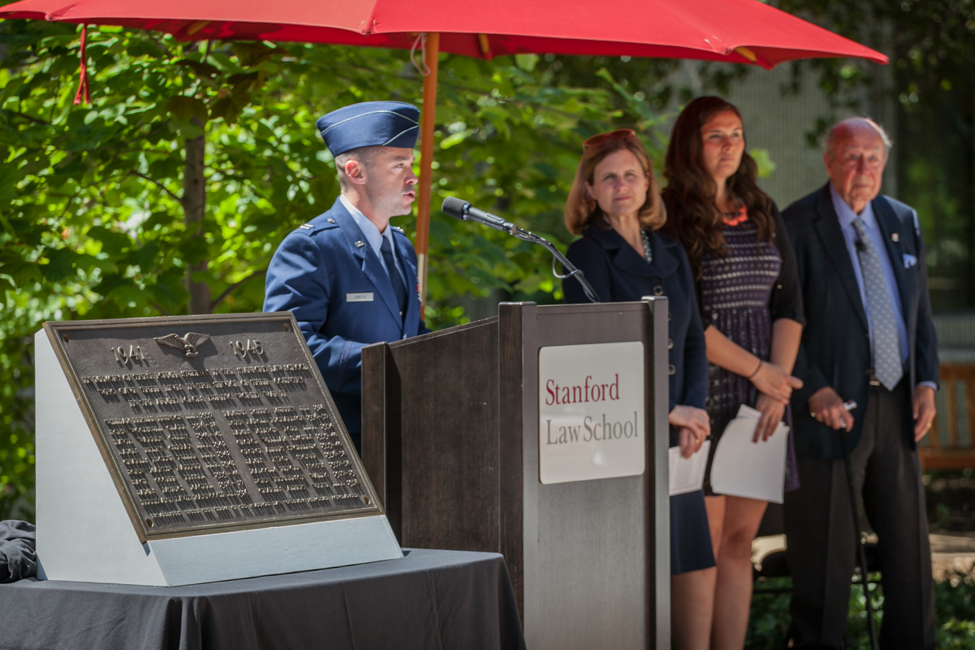 Christopher "Tripp" Zanetis speaks during a ceremony to honor Stanford Law School students and graduates who served in World War II. 
